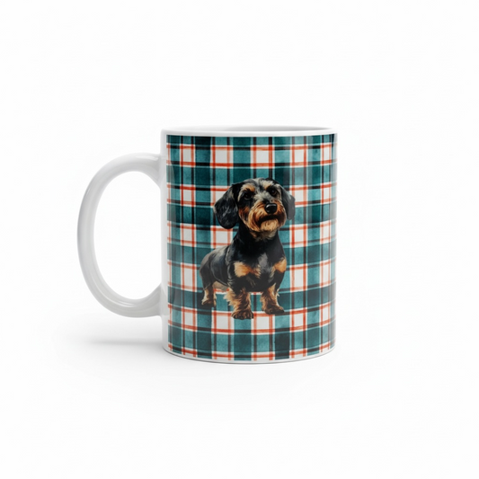 Ruwhaar Teckel Mok Geruite Achtergrond - Wire Haired Dachshund Keramische Mok 11oz