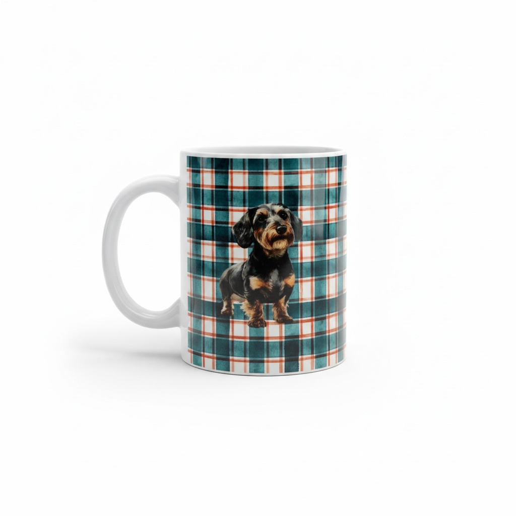 Ruwhaar Teckel Mok Geruite Achtergrond - Wire Haired Dachshund Keramische Mok 11oz