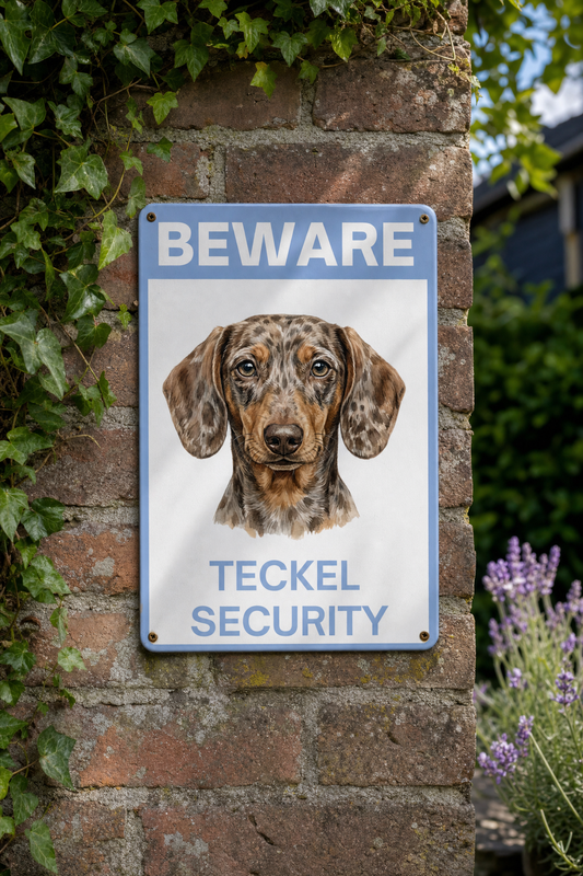 Grappig aluminium bordje Warning Teckel Security 20x30cm - korthaar merle teckel - cadeau teckelliefhebber
