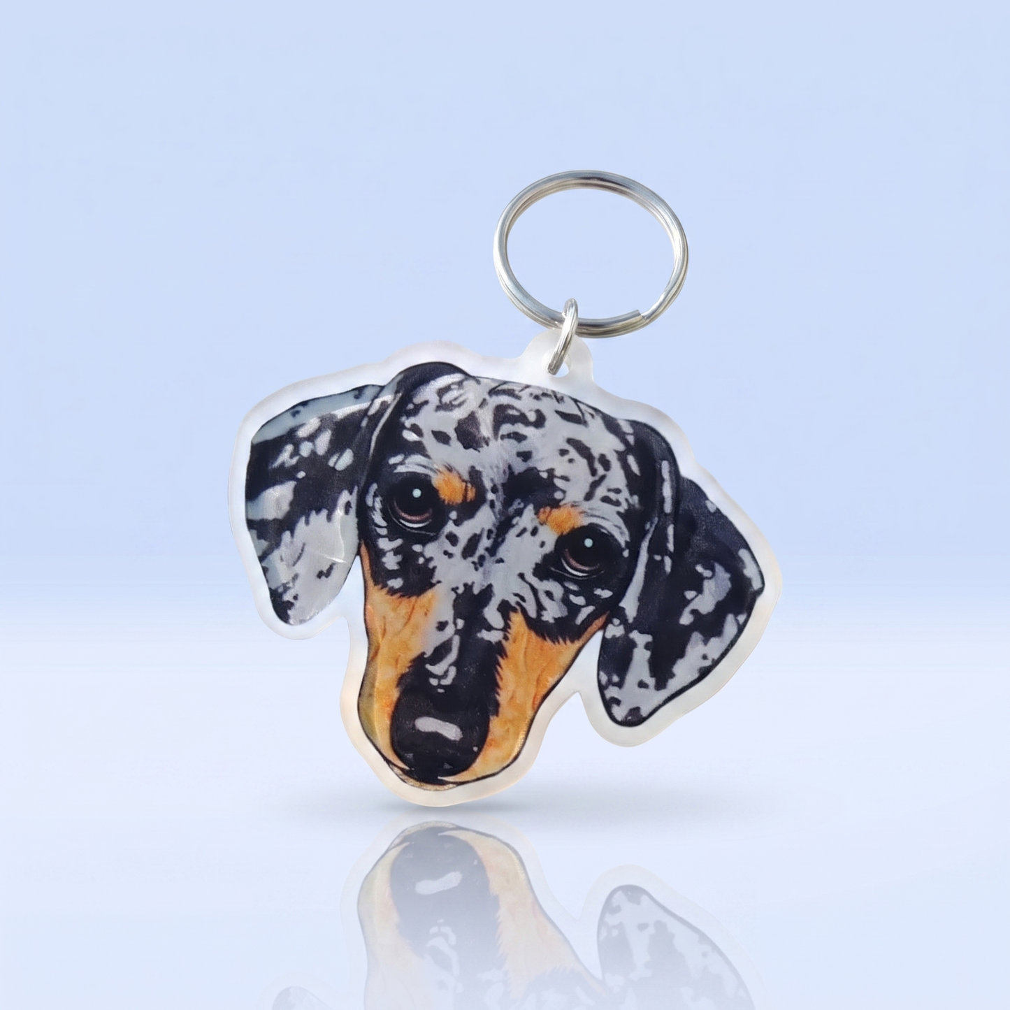 Teckel Kop Sleutelhanger - Zwart-Zilver Merle Dapple