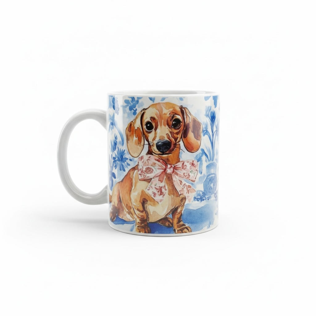 Teckel Mok Delfts Blauw Bloemen Strik 11oz