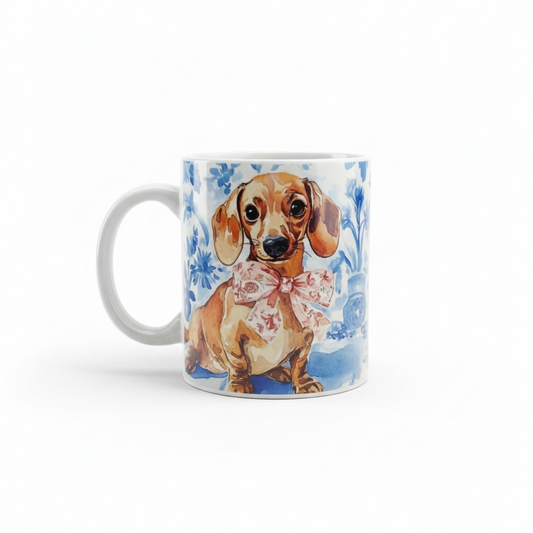 Teckel Mok Delfts Blauw Bloemen Strik 11oz