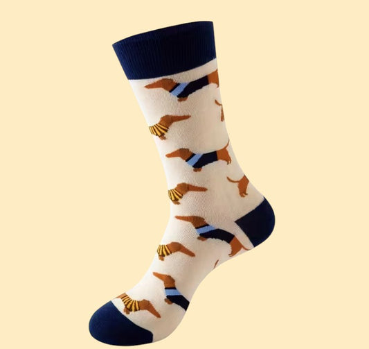 Teckel Sokken - Cartoon Print met Marineblauwe Hiel (22cm)