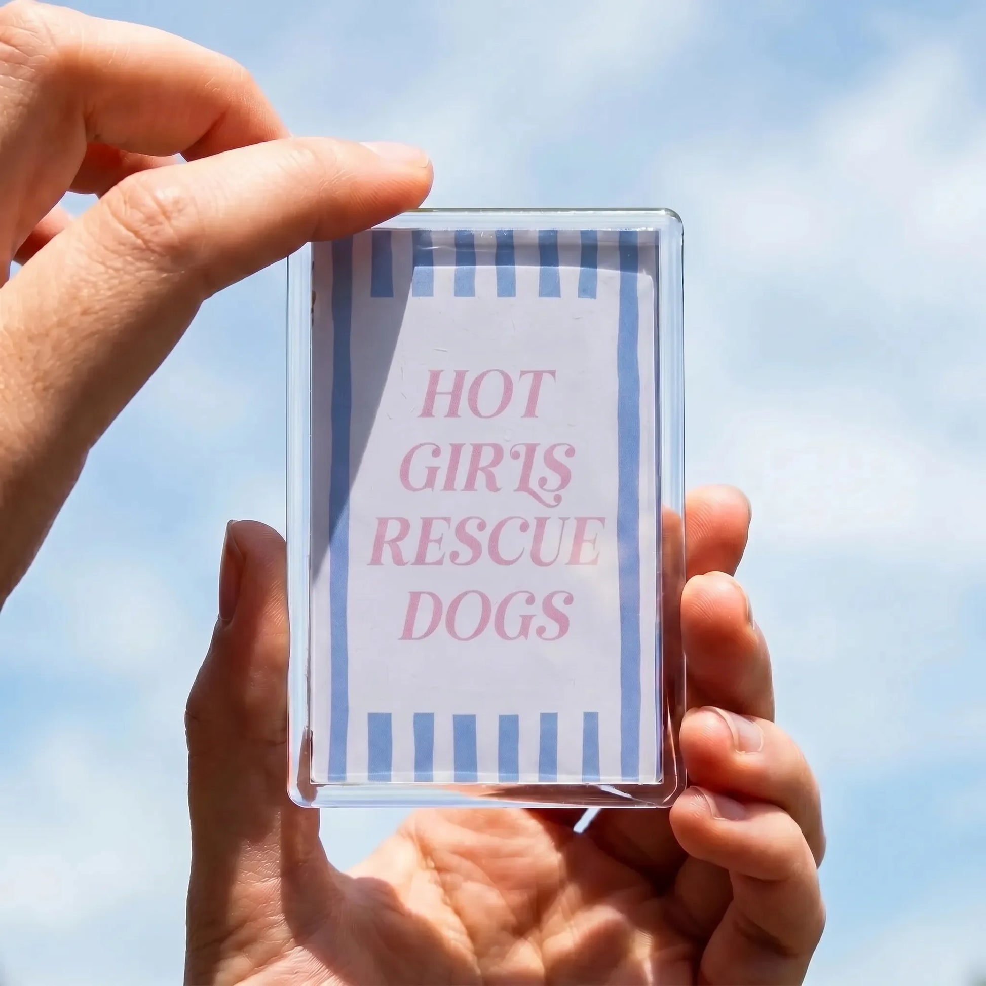 Acryl koelkastmagneet 'Hot girls rescue dogs' – roze tekst op wit met lichtblauwe streepjes, 7,7x5cm