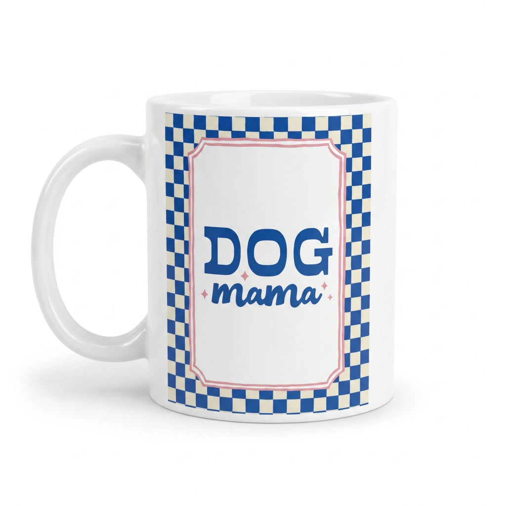 Dog Mama keramische mok 11oz – blauwe tekst met roze kader en blauw ruitjespatroon – cadeau hondenmama