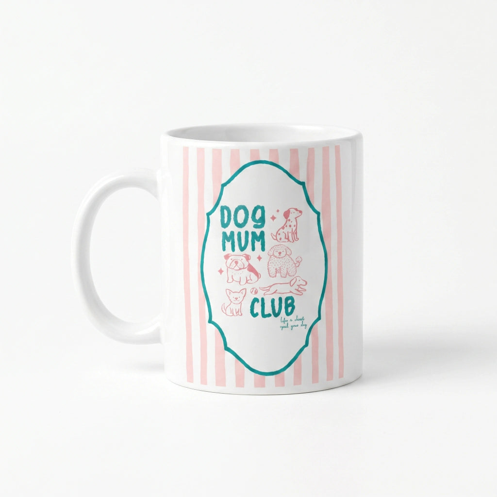 Dog Mum Club keramische mok 11oz – roze strepen, groene whimsical kader met roze hondjes – cadeau hondenmama