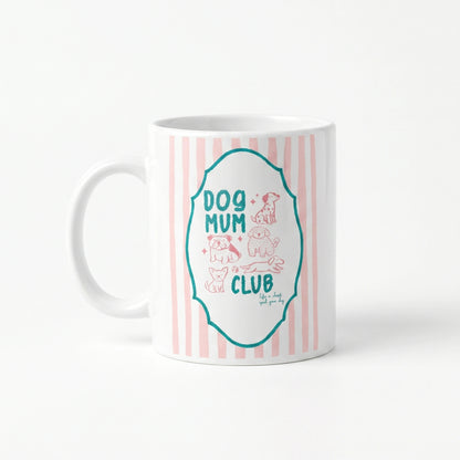 Dog Mum Club keramische mok 11oz – roze strepen, groene whimsical kader met roze hondjes – cadeau hondenmama
