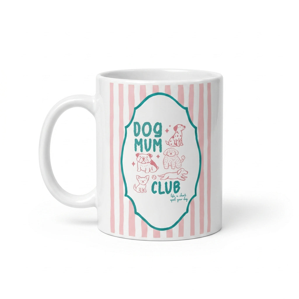 Dog Mum Club keramische mok 11oz – roze strepen, groene whimsical kader met roze hondjes – cadeau hondenmama