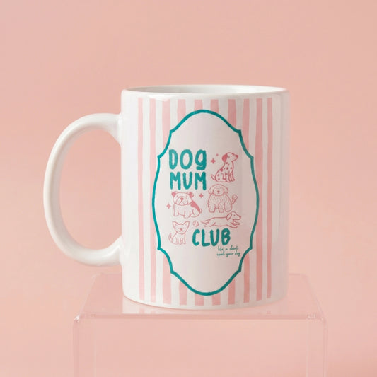 Dog Mum Club keramische mok 11oz – roze strepen, groene whimsical kader met roze hondjes – cadeau hondenmama