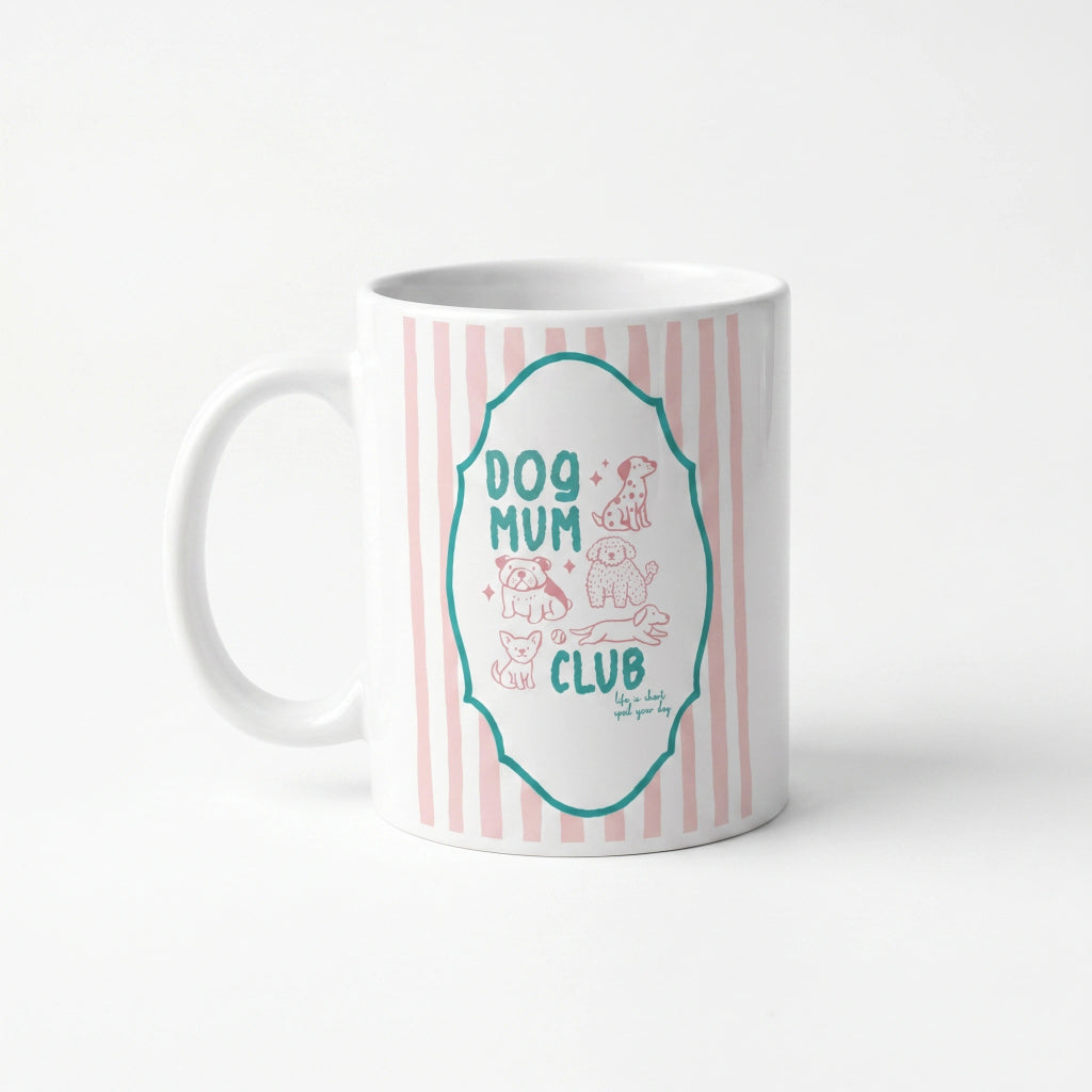 Dog Mum Club keramische mok 11oz – roze strepen, groene whimsical kader met roze hondjes – cadeau hondenmama