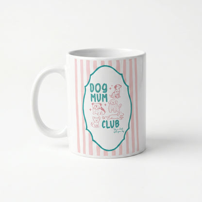 Dog Mum Club keramische mok 11oz – roze strepen, groene whimsical kader met roze hondjes – cadeau hondenmama