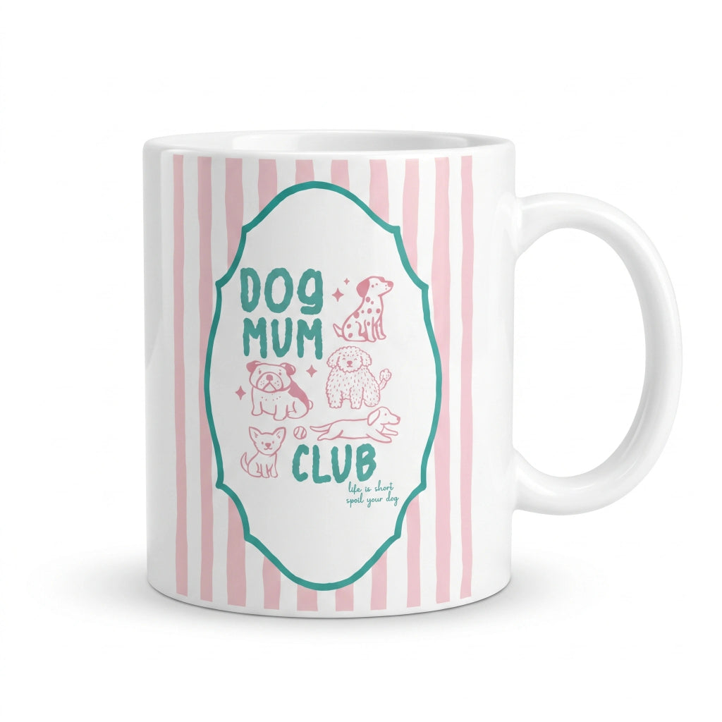 Dog Mum Club keramische mok 11oz – roze strepen, groene whimsical kader met roze hondjes – cadeau hondenmama