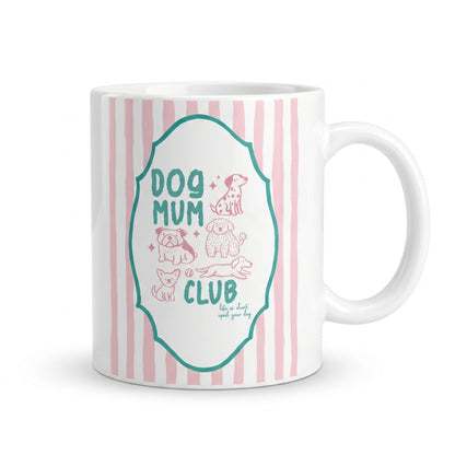 Dog Mum Club keramische mok 11oz – roze strepen, groene whimsical kader met roze hondjes – cadeau hondenmama