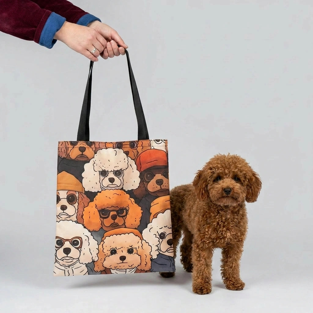 otebag met vrolijk all-over poodle-patroon gedragen in de hand – canvas draagtas 39x33,5cm, cadeau voor dog moms