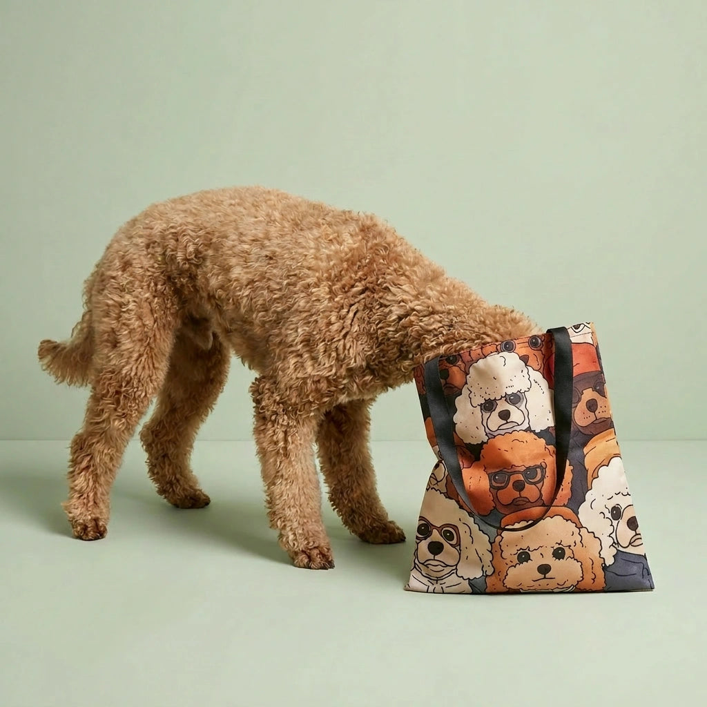 Hond die aan totebag met poodle-patroon snuffelt – canvas draagtas 39x33,5cm voor poedelliefhebbers