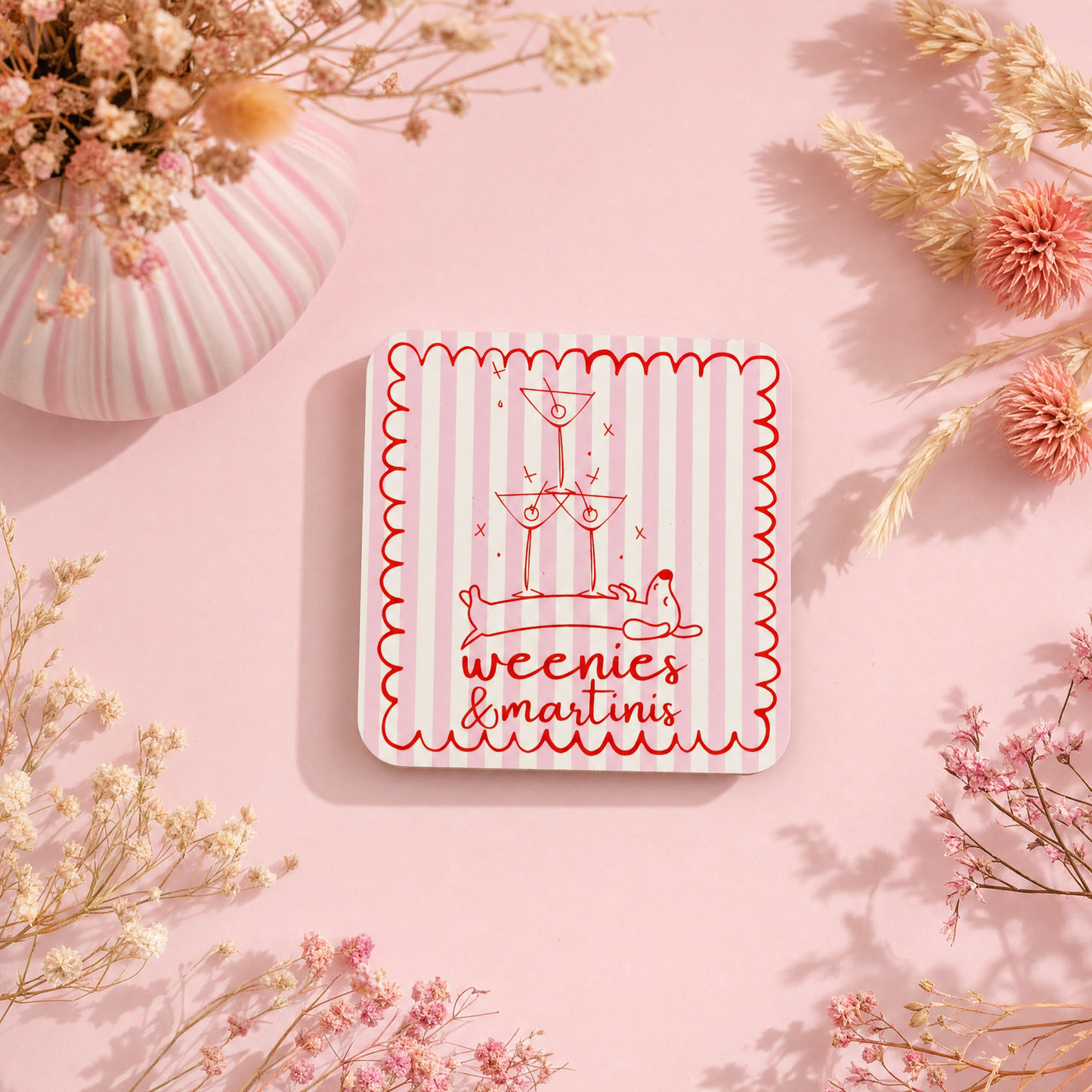 Keramisch Tegeltje 10x10cm – Weenies & Martinis roze streep | Wanddecoratie
