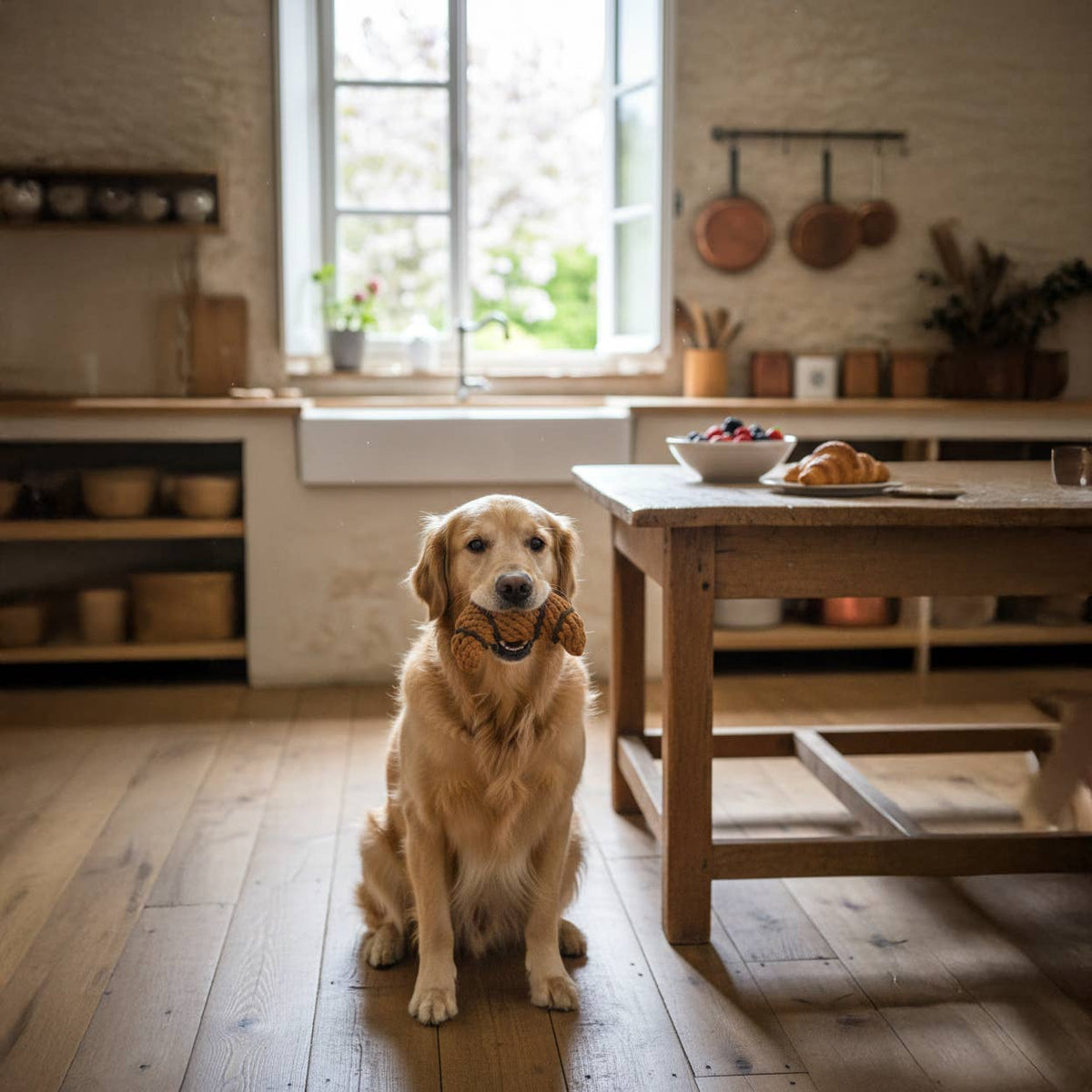 Golden retriever wacht in de keuken, sfeerbeeld bij croissant hondenspeeltje