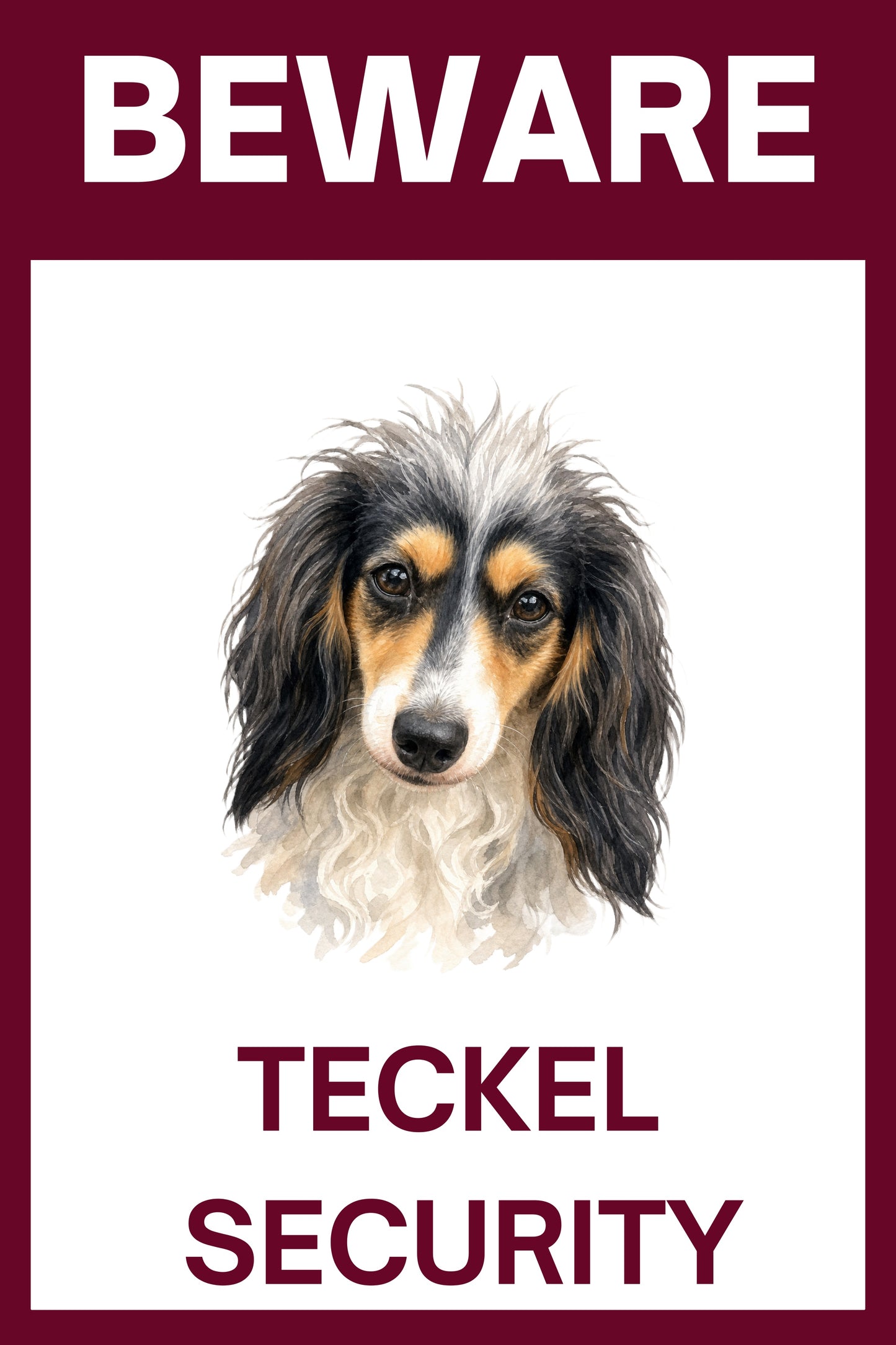 Waakbord piebald teckel black en tan langhaar - bordkleur bordeaux