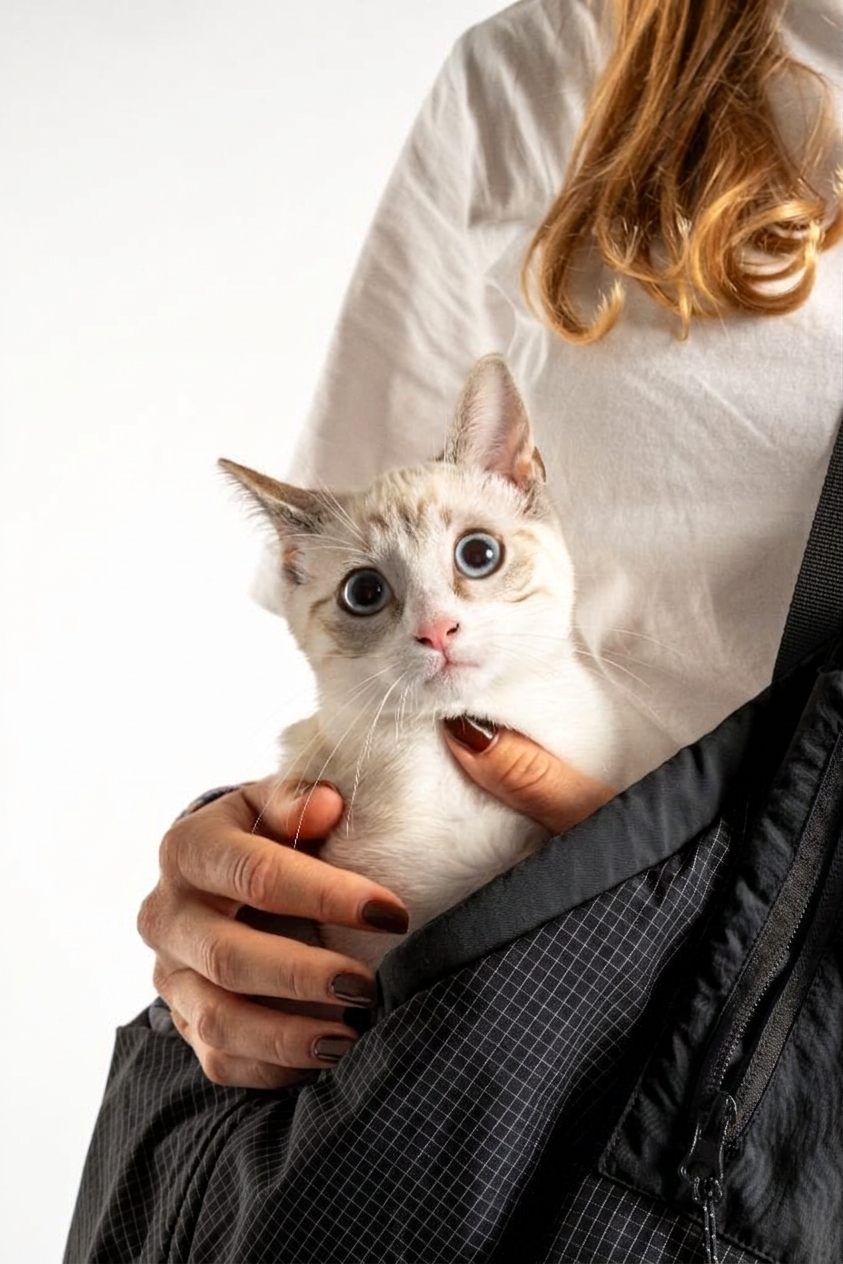 Witte kat in de zwarte Weloca draagtas, ook geschikt voor katten tot 8,5 kg