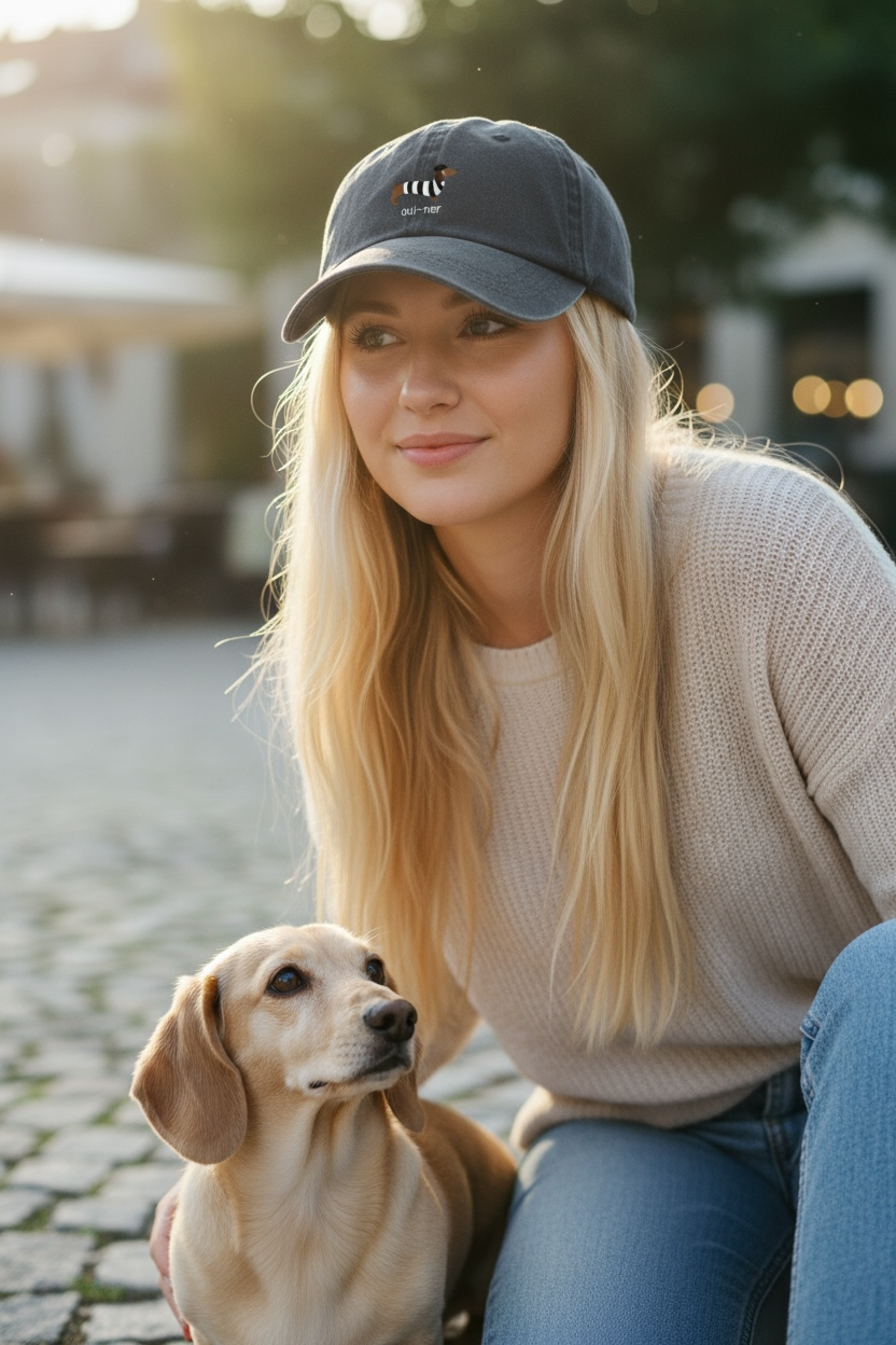 vrouw die donkerblauwe pet met oui-ner op draagt, er is ook een blonde kortharige teckel bij haar