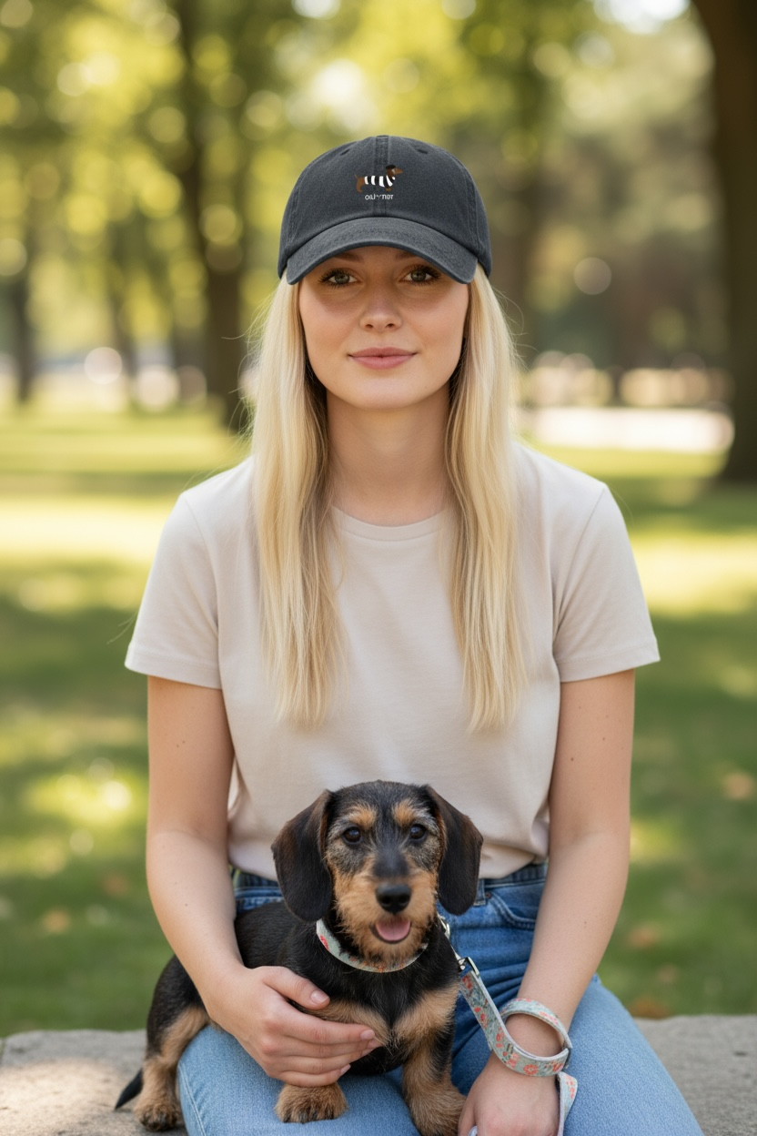 vrouw met ruwharige puppy teckel, ze heeft een donkerblauwe pet op met de tekst oui-ner erop