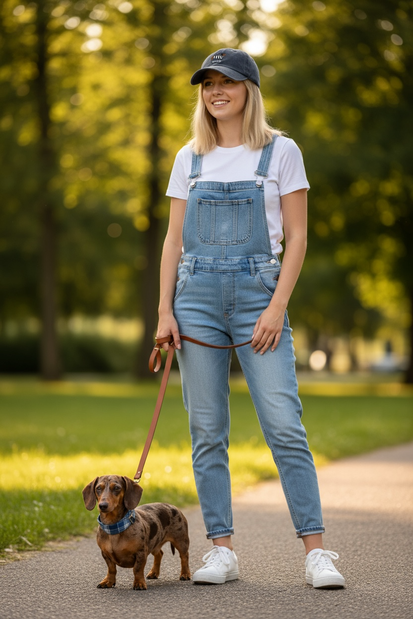 vrouw met salopet in het park, er is een merle teckel bij en ze draagt een donkerblauwe pet met de tekst oui-ner