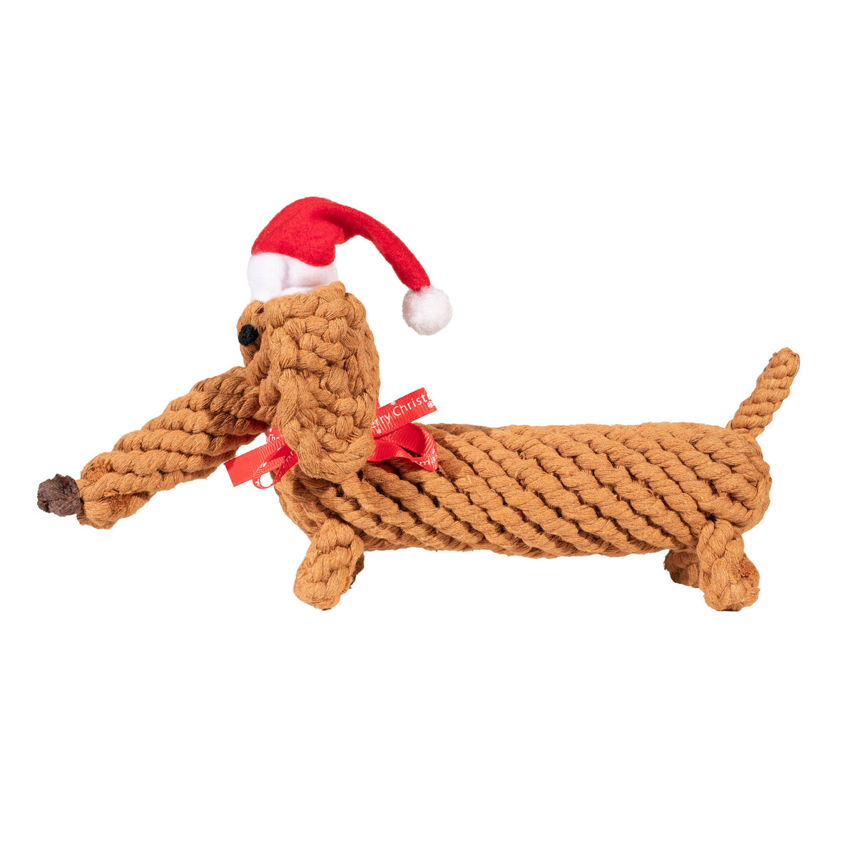 Kerstteckel hondenspeeltje van katoenen touw met kerstmuts en rode strik