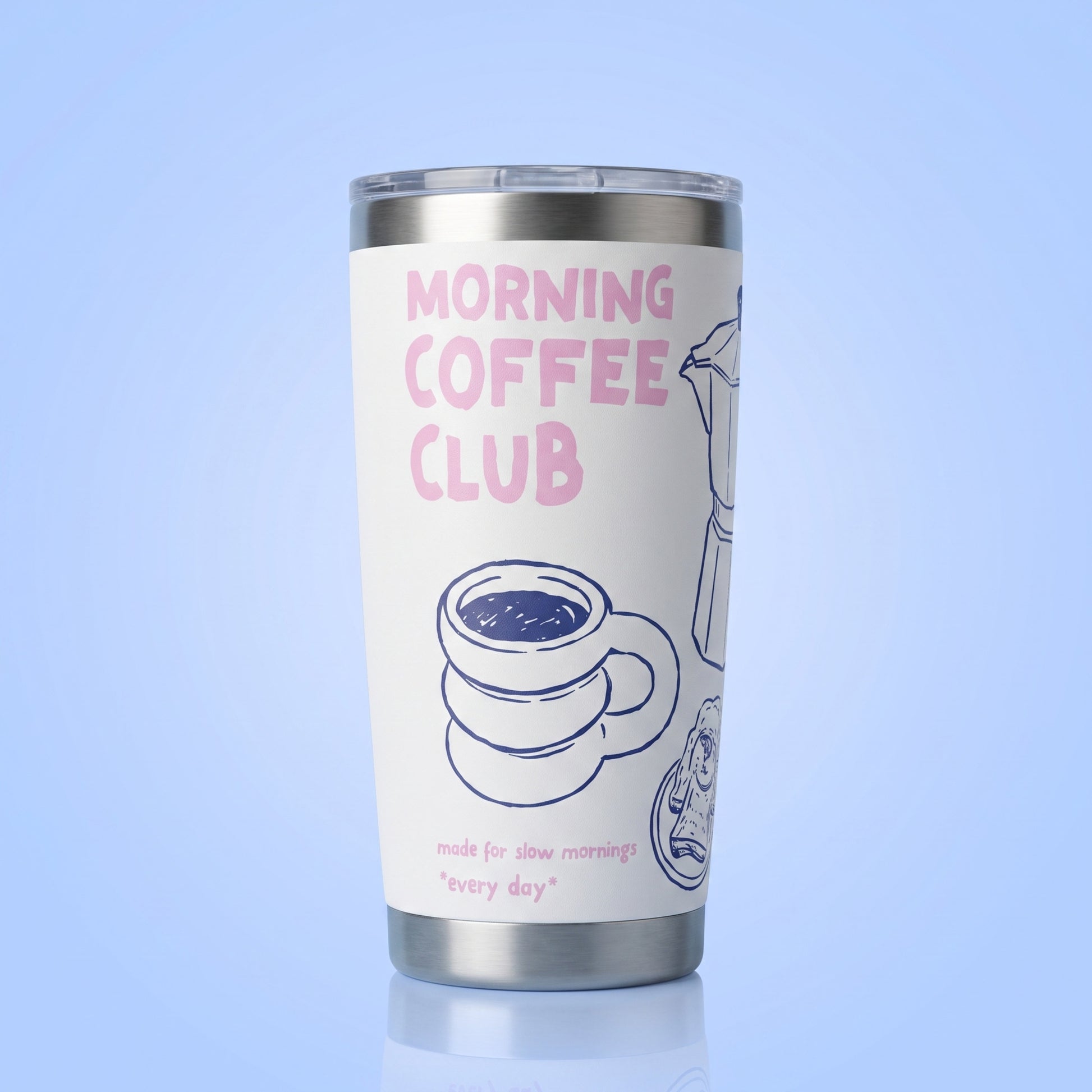 Morning Coffee Club thermobeker 20oz wit met moka pot illustratie cadeau koffieliefhebber