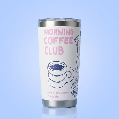 Morning Coffee Club thermobeker 20oz wit met moka pot illustratie cadeau koffieliefhebber