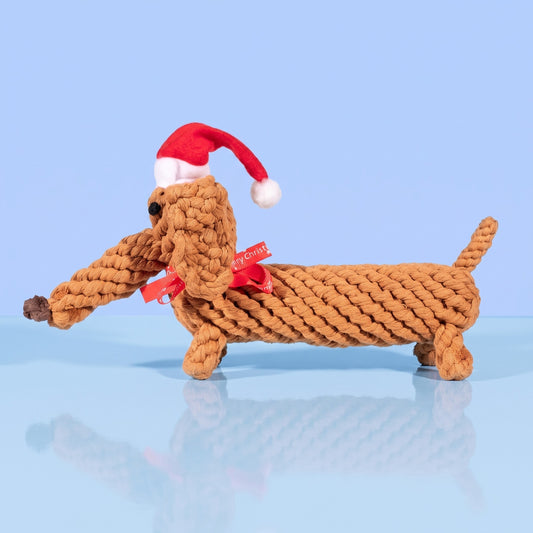 Kerstteckel hondenspeeltje van katoenen touw met kerstmuts, cadeau voor teckelliefhebbers