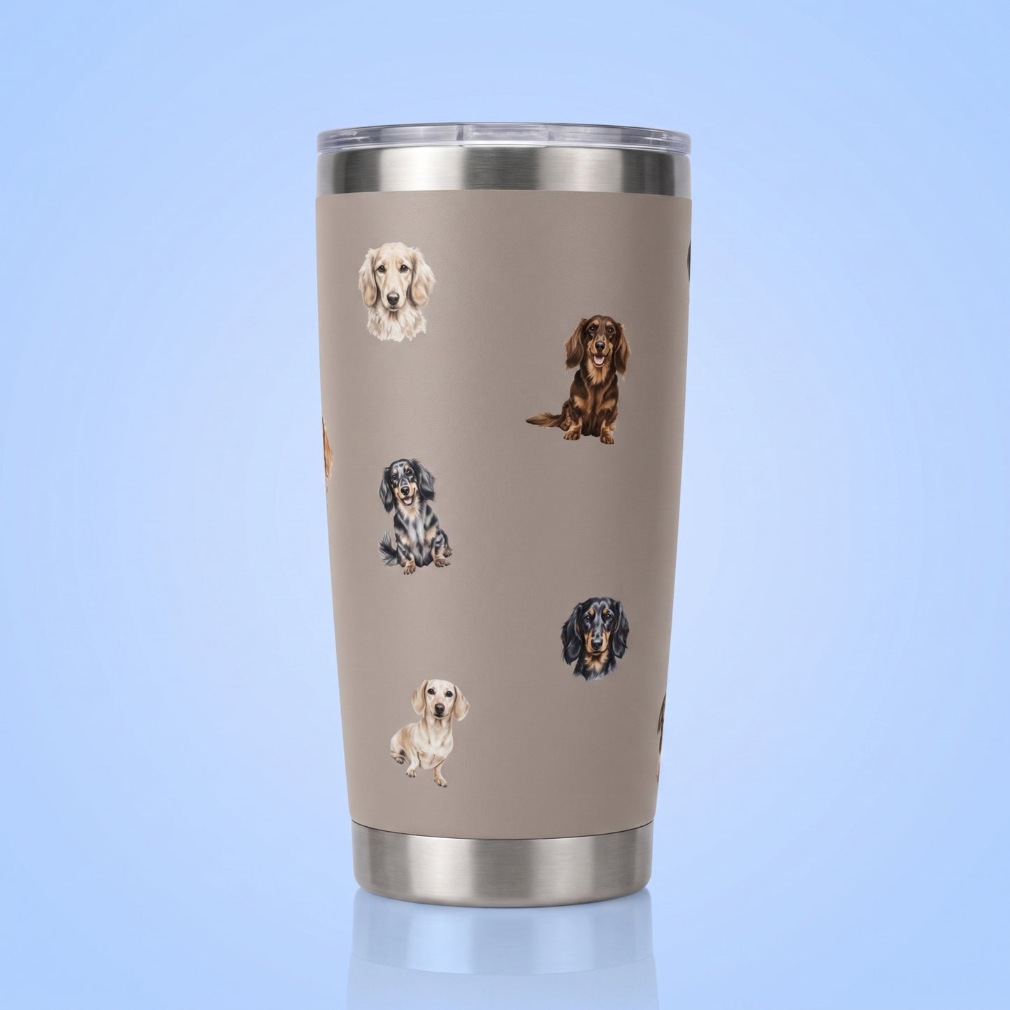 Thermobeker 20oz taupe met verschillende teckels cadeau voor teckelliefhebbers