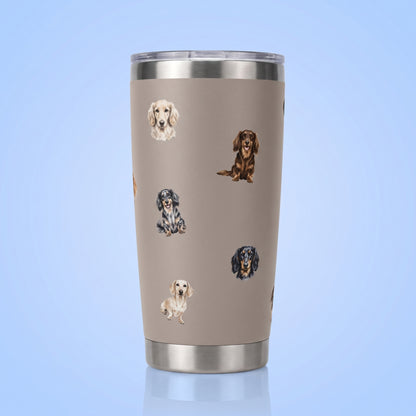 Thermobeker 20oz taupe met verschillende teckels cadeau voor teckelliefhebbers