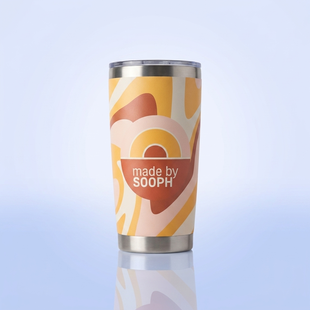 Gepersonaliseerde geïsoleerde tumbler 20oz met geel abstract patroon en logo Made by Sooph – voorbeeld van custom tumbler met eigen ontwerp