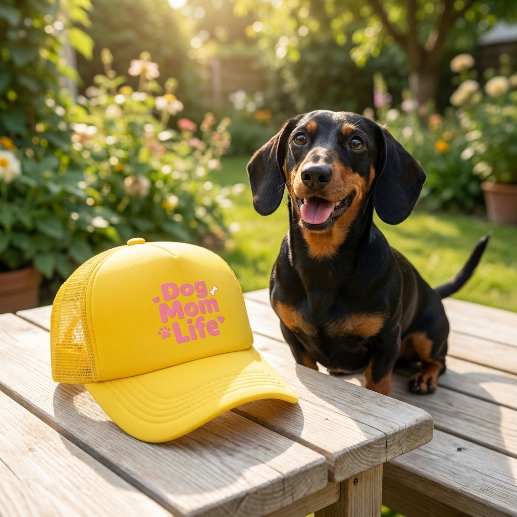 Gele trucker cap 'Dog Mom Life' op tafel naast teckel in de tuin