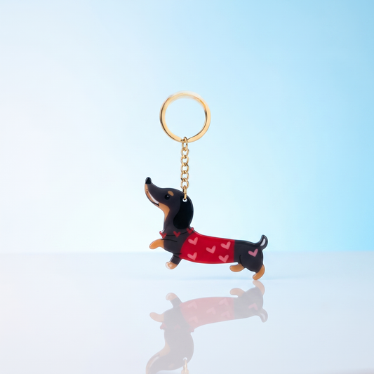 Acryl sleutelhanger teckel rood truitje hartjes op blauwe studio-achtergrond