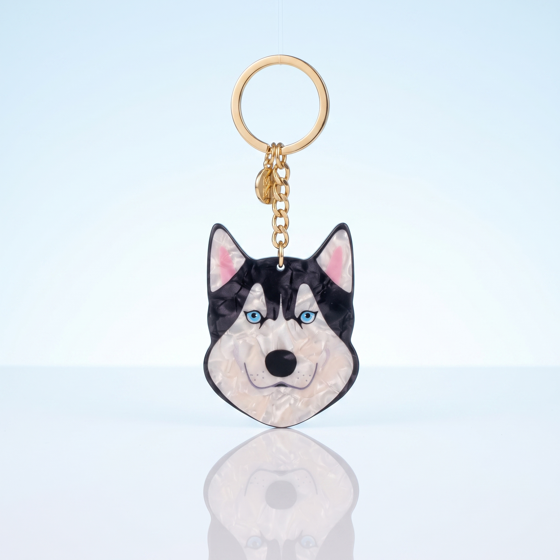 Acryl sleutelhanger husky op blauwe studio-achtergrond