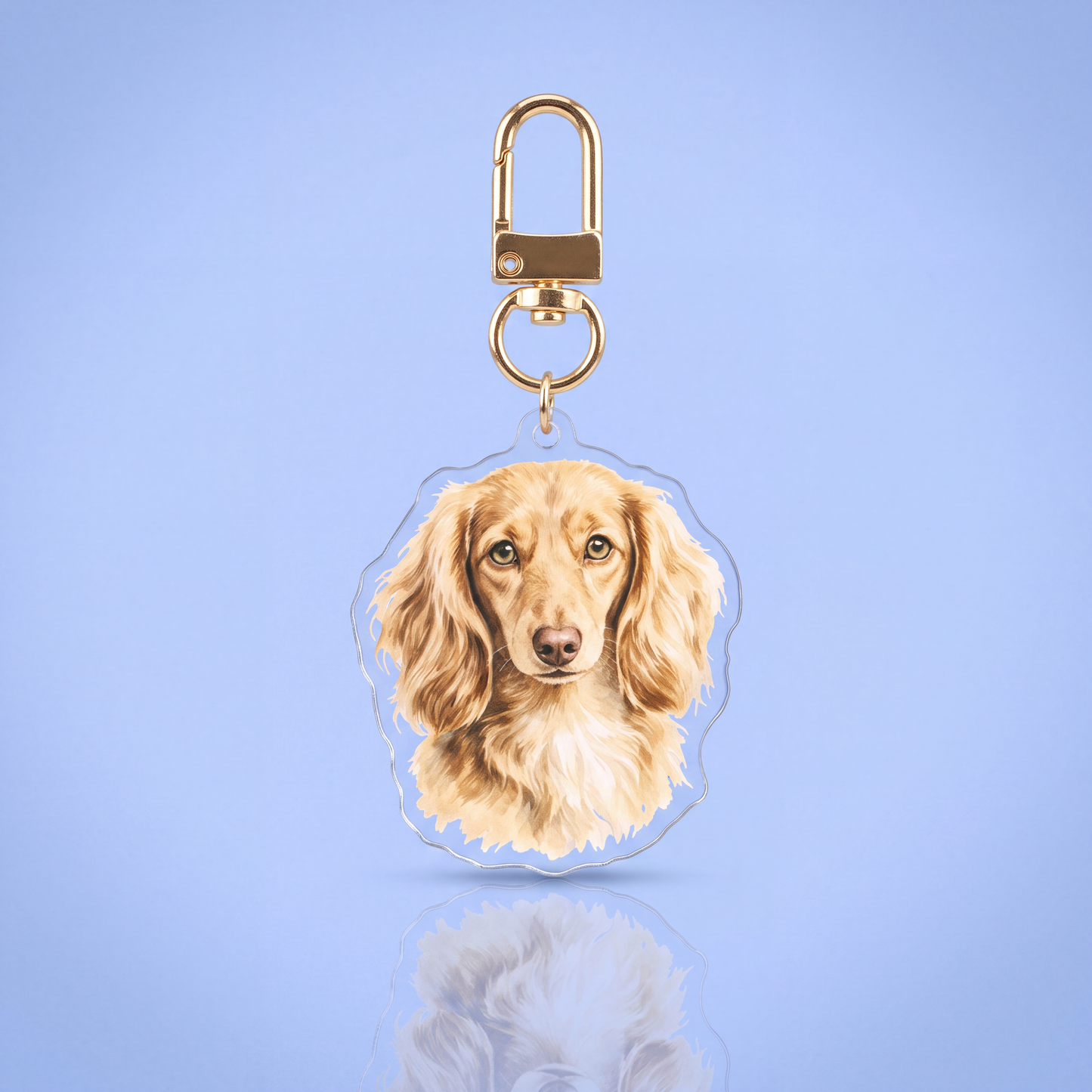 Acryl sleutelhanger met creme langharige teckel voor teckelbaasjes