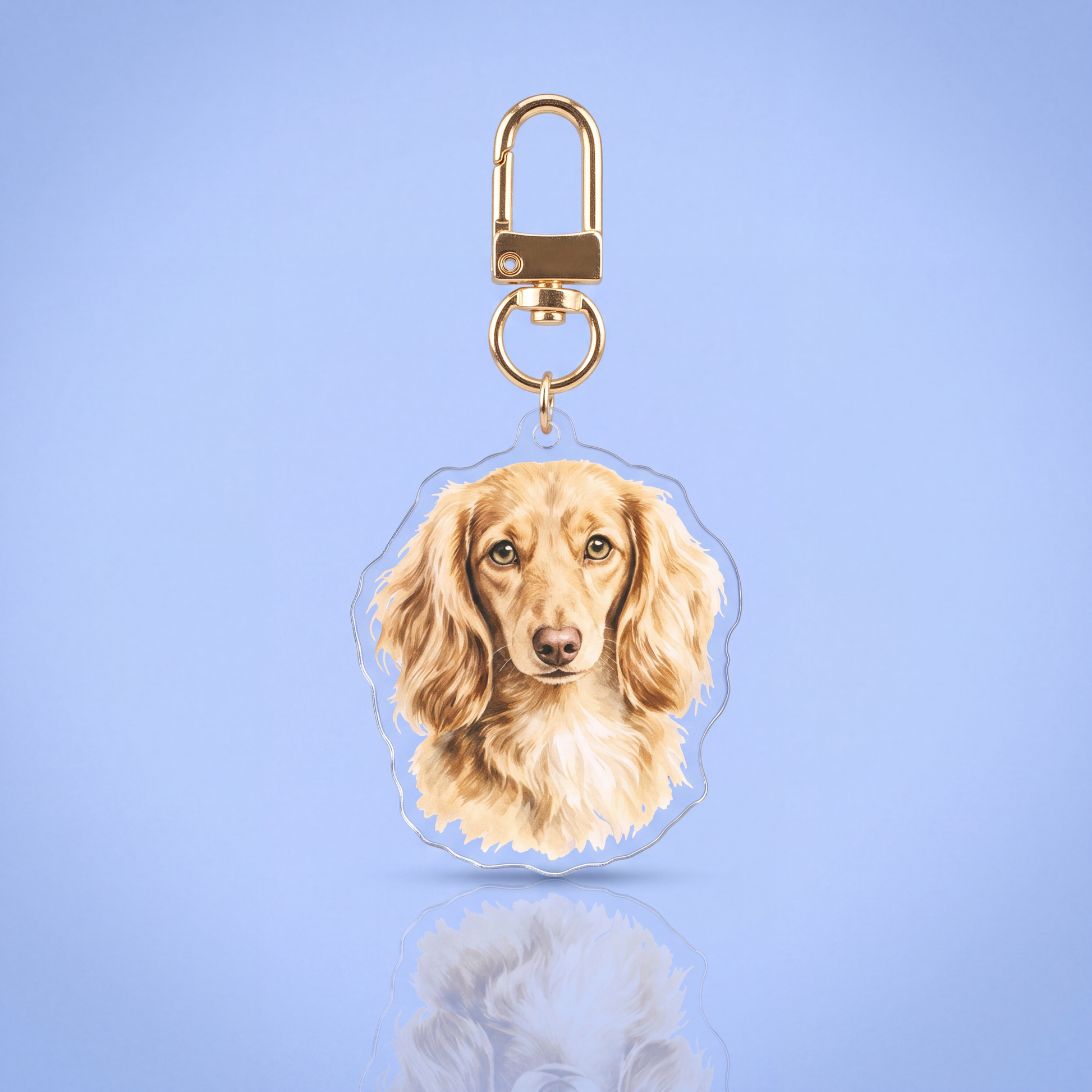 Acryl sleutelhanger met creme langharige teckel voor teckelbaasjes