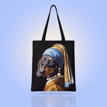 Zwarte totebag met teckel als Meisje met de Parel, kunstprint voor hondenliefhebbers