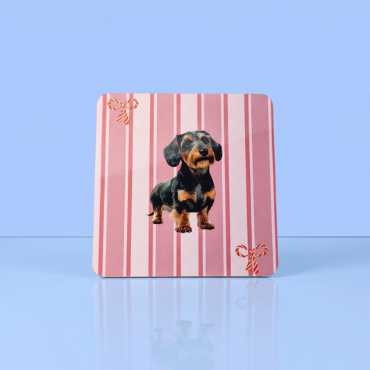 Roze gestreepte kerstonderzetter met ruwharige black and tan teckel, voor teckelliefhebbers