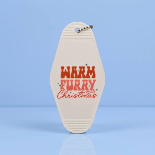 Witte motel sleutelhanger Warm Furry Christmas, kerstcadeau voor hondenliefhebbers