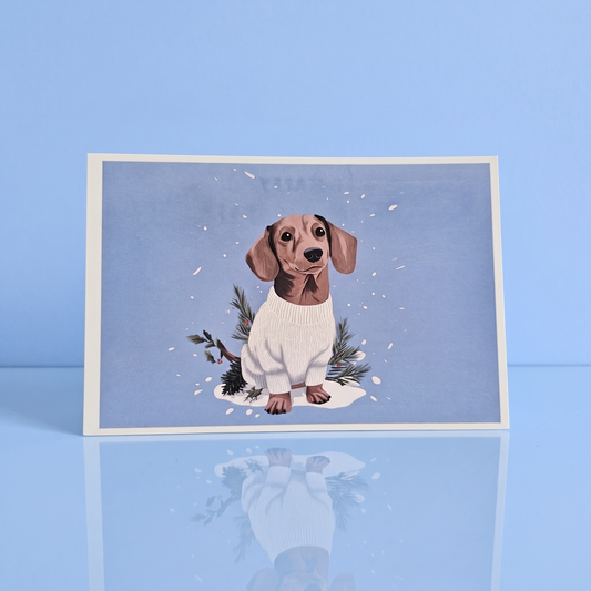 A6 kerstkaart met kortharige chocolade teckel in kersttrui, voor teckelliefhebbers