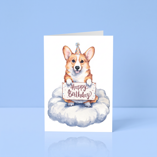 Verjaardagskaart Happy Birthday met corgi op een wolk, A6 voor hondenliefhebbers