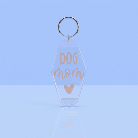 Transparante motel sleutelhanger Dog Mom met hartje, cadeau voor hondenmama's