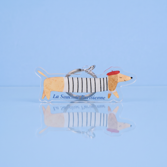 Acryl sleutelhanger La Saucisse Parisienne teckel in streepjestrui, voor teckelliefhebbers