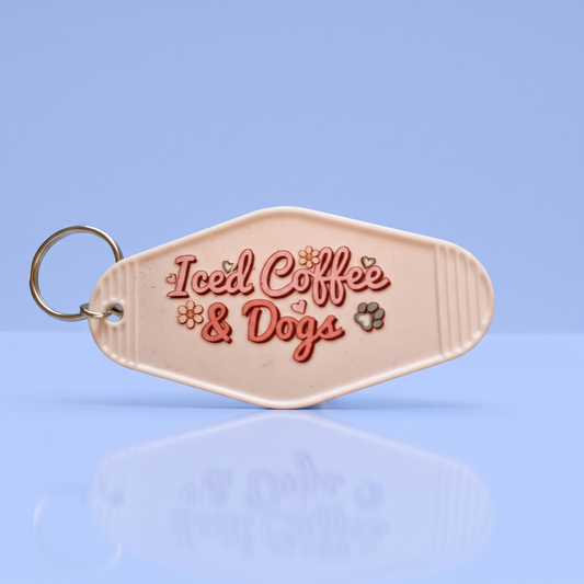 Roze motel sleutelhanger Iced Coffee & Dogs, cadeau voor hondenliefhebbers