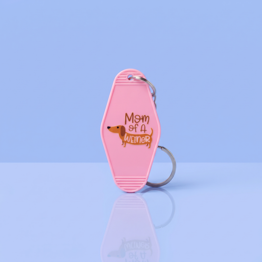 Roze motel sleutelhanger Mom of a Weiner met teckel, cadeau voor teckelmama's
