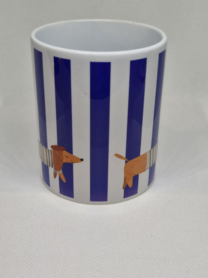 La Saucisse Parisienne Teckel Mok - Donkerblauwe Strepen Design