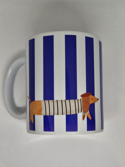 La Saucisse Parisienne Teckel Mok - Donkerblauwe Strepen Design