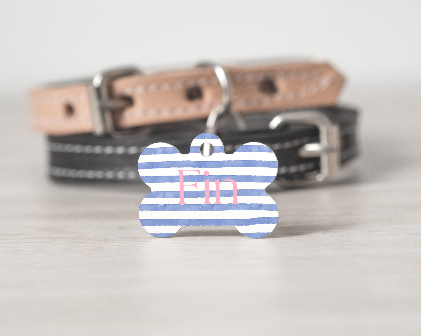 Personalized Dog Tag - Blue Striped Design | Custom Pet ID Tag | Lightweight MDF Dog Name Tag